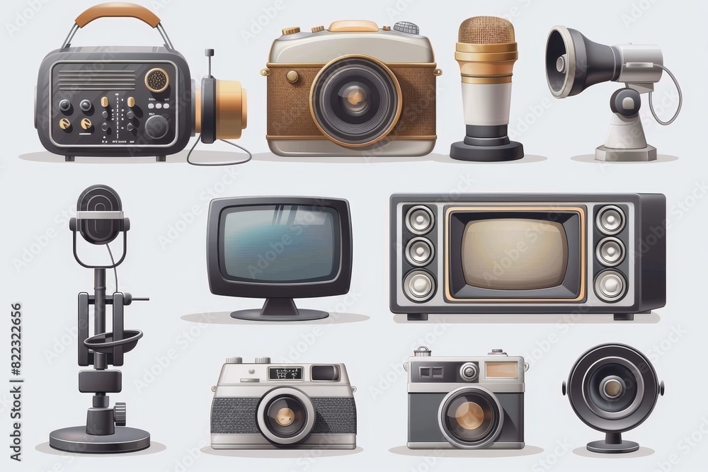 A 3D icon set with headphones, microphones, speakers, cameras, film projectors, TVs and retro screens. The icons are rendered in a realistic manner.
