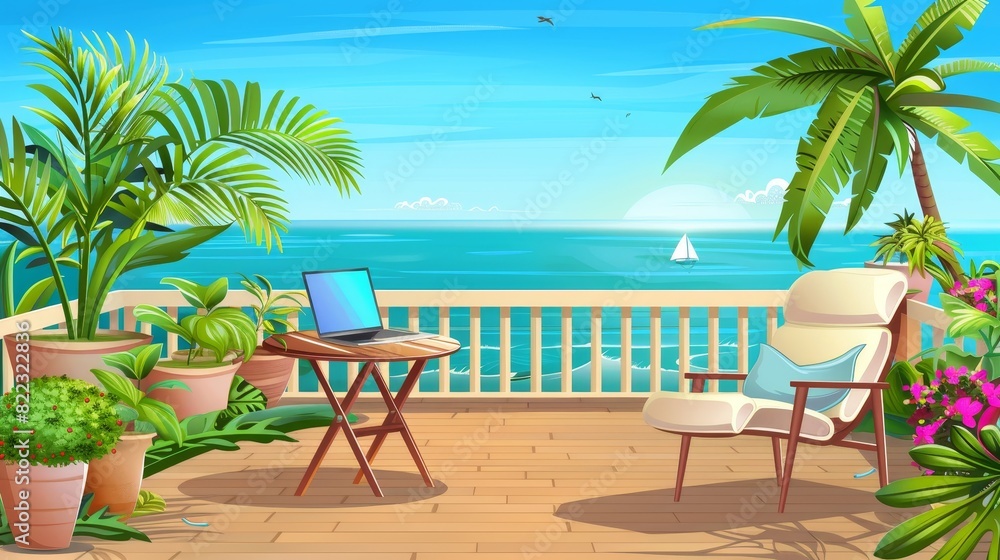 A wooden terrace with a view of the sea: home, villa, or hotel area with laptop on table, armchair, and potted plants on wooden patio, with scenery nature seascape, summer backdrop. Cartoon modern
