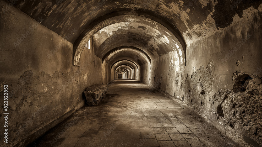 Old, weathered tunnel with arched ceilings and deteriorating walls stretches into the distance, illuminated by soft, natural light filtering through small openings.