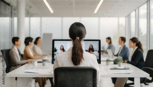 woman at office on online meeting