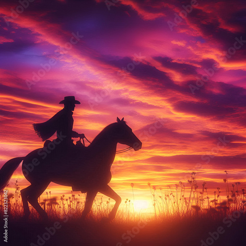 silhouette of a cowboy riding into the sunset  c4d  dreamy and optimistic  vibrant sky