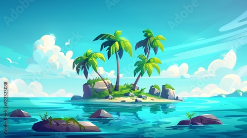 A tropical island in the ocean surrounded by beautiful clouds and calm sea  a calm water surface with rocks  a tranquil water surface with palm trees in the background. Cartoon modern illustration.