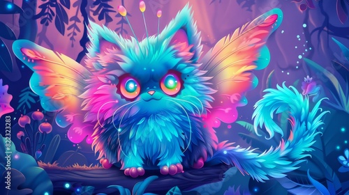 Funny cartoon cat with fairy wings and antennae in a fantasy forest or planet landscape. Cartoon illustration of an odd kitten Halloween creature.