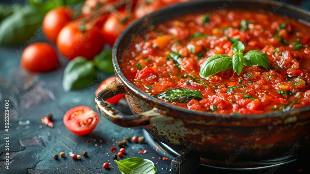 a red pot of bubbling sugo sauce on a stove, evoking a traditional italian cooking ambiance against a rustic backdrop a red pot of bubbling sugo sauce on a stove, evoking a traditional italian cooking ambiance against a rustic backdrop