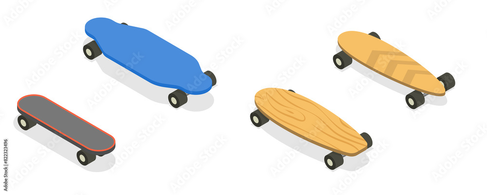 3D Isometric Flat Set of Skateboards, Riding on Board 3D Isometric Flat Set of Skateboards, Riding on Board