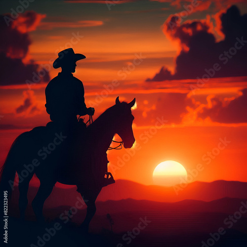 silhouette of a cowboy riding into the sunset, c4d, dreamy and optimistic, vibrant sky