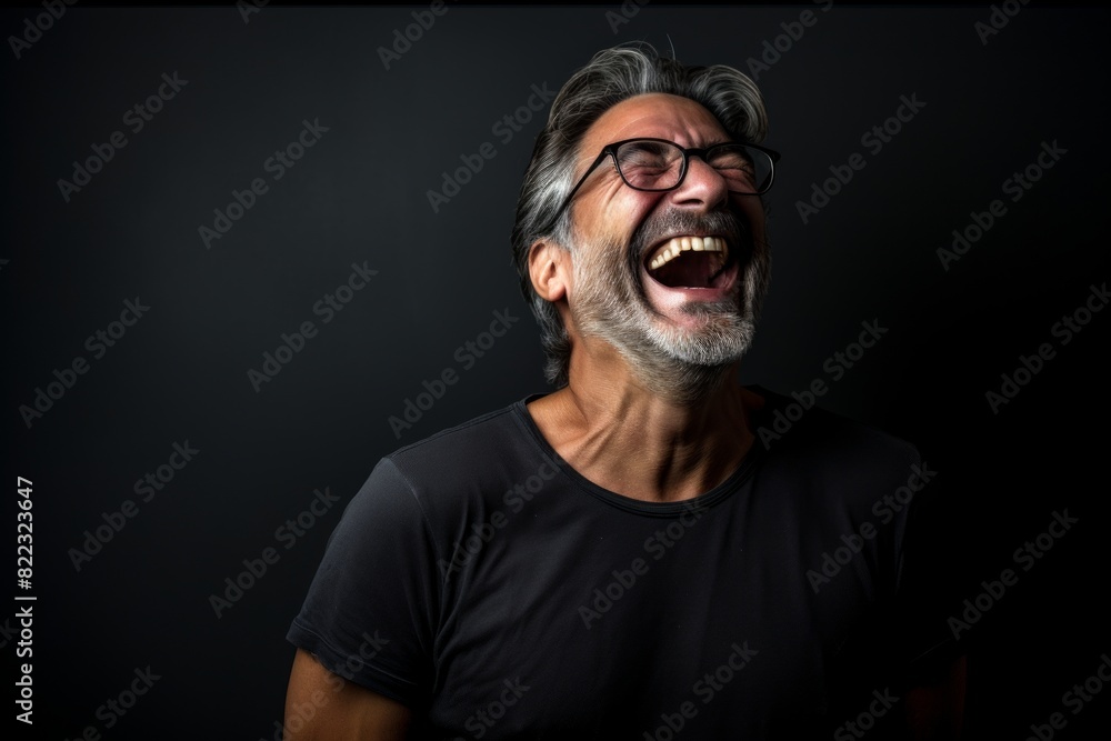 Naklejka premium Portrait of a glad man in his 50s laughing in front of bare monochromatic room