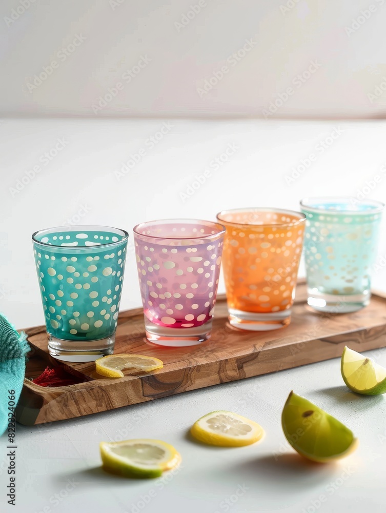 Fototapeta premium Pastel Shot Glasses on Wooden Serving Board with Citrus Garnish
