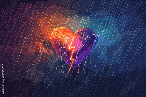 Rainy Day with Lightning Breaking Through Heart Symbolizing Family Problems and Negative Emotions photo