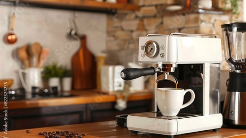 A sleek espresso machine brewing coffee in a rustic kitchen with a brick backsplash  wooden utensils  and cozy decor elements.