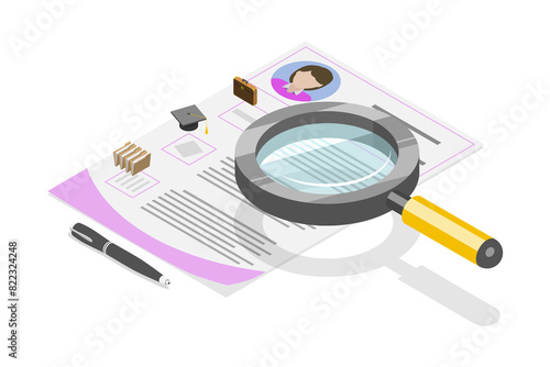 3D Isometric Flat  Illustration of Resume, Curriculum Vitae, CV Application