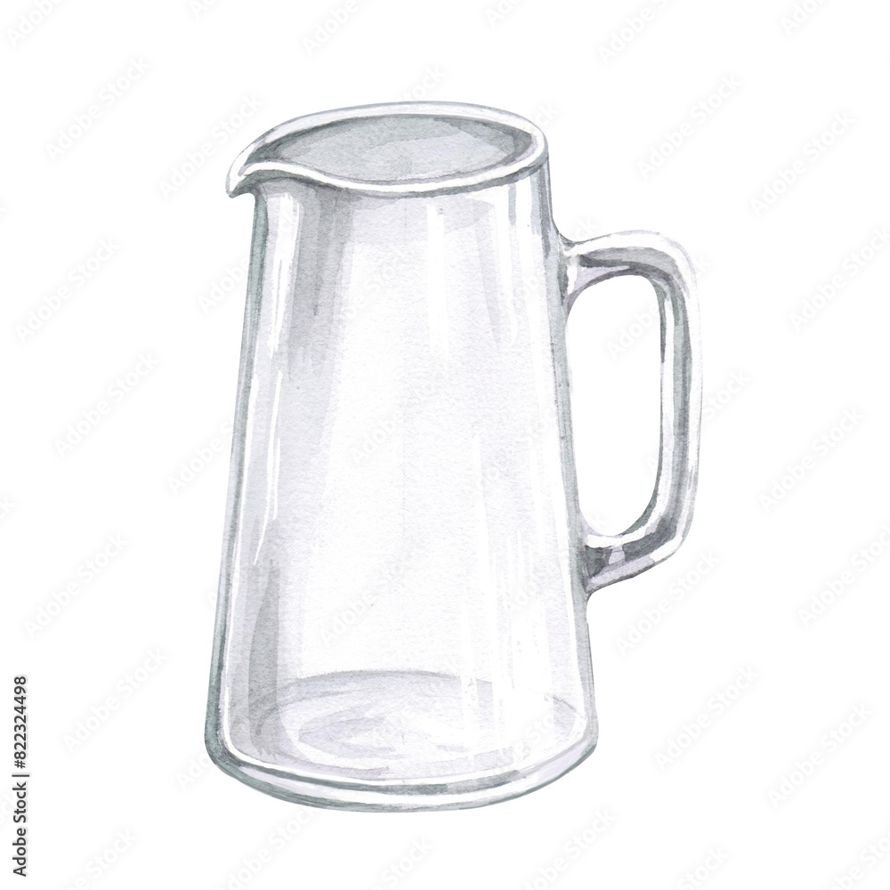 Naklejka premium Transparent glass jug in watercolor illustration on a white background. Hand drawn jug for cookbooks, lemonades, restaurant menu design, tablecloths, cards.