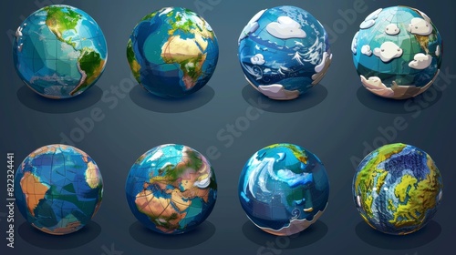 A cartoon earth planet animated sprite sheet with oceans, mainlands, and clouds. Three-dimensional globe model with rotational surfaces, a sequence of turning and moving. photo