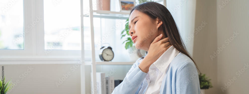 Office workers have neck pain from bad posture during sitting and work. Office workers have neck pain from bad posture during sitting and work.