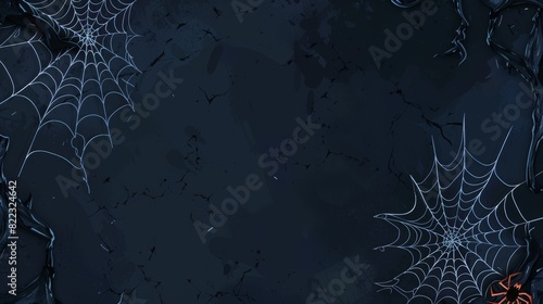 Halloween banner with old spider web hanging in corners on black background. Spooky poster with dirty cobweb, torn spider net, and copy space.
