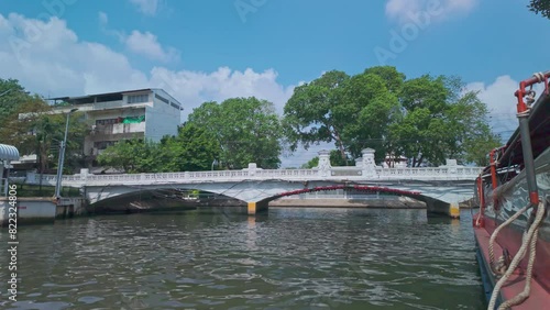 Bangkok,Thailand. April 10,2024: Passenger pier at Phanfa Lilat, Mahanak Canal, passing through the route in the heart of Bangkok. Traveling by water is convenient, fast and the fare is cheap. photo