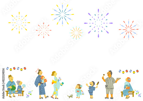 夏祭りで花火を見上げる人々　カラフルで楽しいイラスト