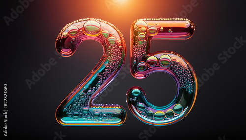 Abstract number twenty five, futuristic glossy 25 symbol, water droplets. Neon colors. 3D rendering photo