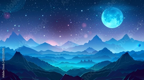 Landscape of alien planet and space with moon and stars. Fantasy game scene with mountains, fog, and starry sky at night, modern cartoon illustration. © Mark