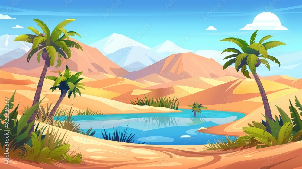 Animated modern illustration of Egyptian Sahara scene with sand dunes, pond and green plants. Desert environment with palm trees, lake, and grass.