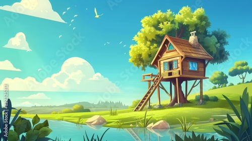 Hill with house and lake modern landscape. Field background with flying birds in the sky and green land. Wooden hut with porch, stairs and chimney over a sunny day meadow. photo