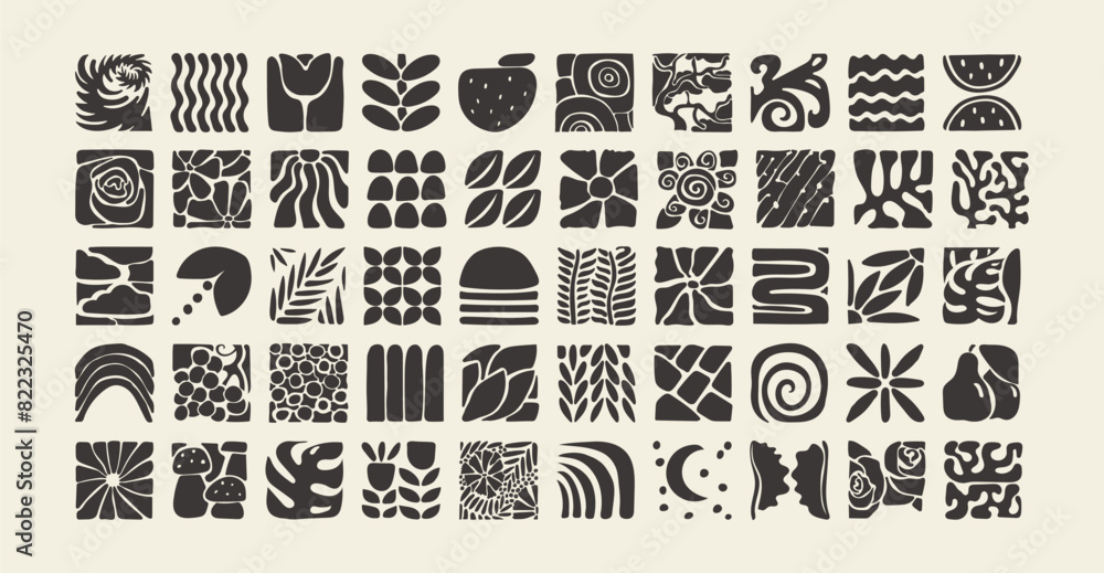 Obraz premium Set of bauhaus natural geometric shapes, pattern in tiles, decorative abstract art, banner, wallpaper, nature concept