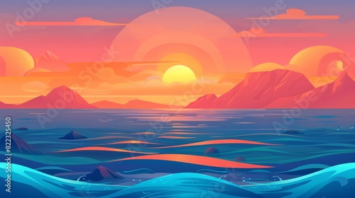 At sunset, seashore has the sun on the horizon, mountains and orange sky. Summer seascape with waves, mountains and mountains at sunset, modern cartoon illustration.