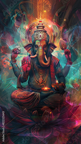 A digital painting of Ganesha, seated in a lotus position, four arms holding symbolic items, surrounded by a glowing aura, serene face. Background of ethereal light rays, rich jewel tones. Created