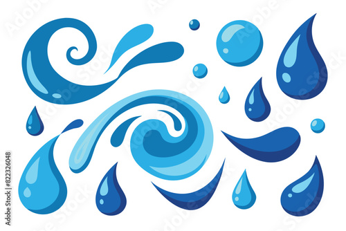 Water drops and splashes set graphic elements in flat design. Bundle of swirl and curl waves, liquid flow, falling raindrops, Vector illustration