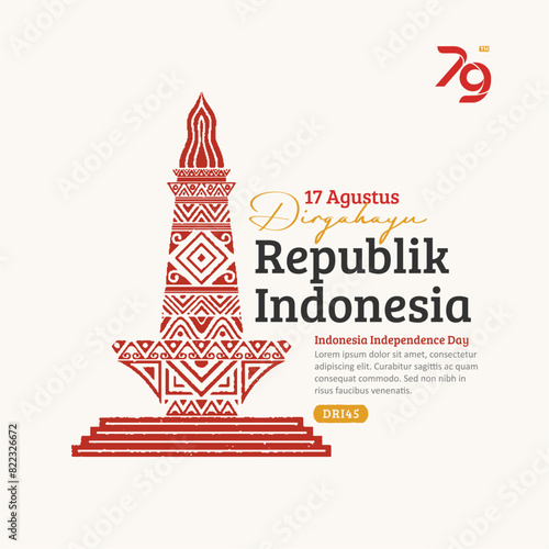 Indonesia Independence Day Social Media Post, Hand-Drawn national monument with Trendy Stamp, 17 Agustus 