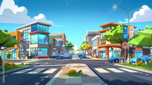 Traffic signs and lights, green lawn and bushes, blue sky, car on town road, modern office and apartment building facades with cafes and shops, modern illustration of city street intersection. photo