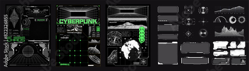 Cyberpunk-themed user interface elements, including holographic displays, grids, graphs, and futuristic design components. Ideal for sci-fi and technology projects. Collection of futuristic posters.