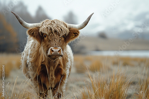 A wildlife high quality photo of white highland cow in glass field, vintage farmhouse style background, wallpaper