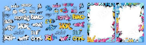 A vibrant graffiti-style art collection featuring colorful text and illustrations. Includes various words and decorative borders, perfect for street art and urban-themed designs. Vector illustration