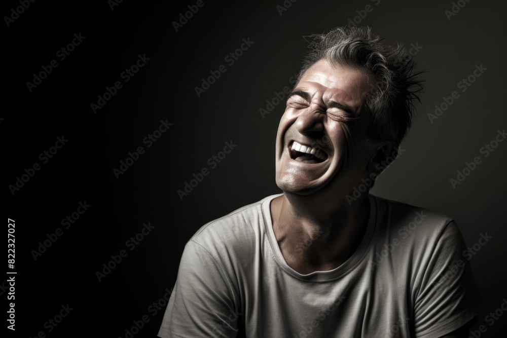 Portrait of a smiling man in his 50s laughing in front of bare monochromatic room