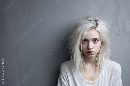 Silver background sad european white Woman realistic person portrait of young beautiful bad mood expression Woman Isolated on Background 