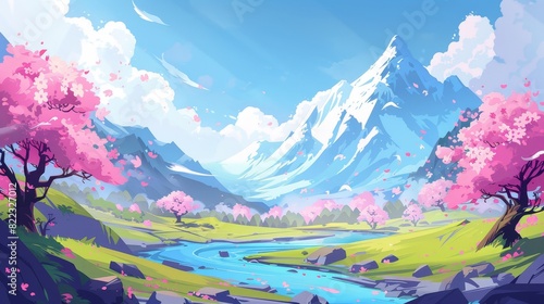 An old sakura tree grows by a stream in a spring mountain river landscape. A modern cartoon illustration depicts blue water, pink cherry blossom petals, green grass on hills, glaciers on peaks, and © Mark