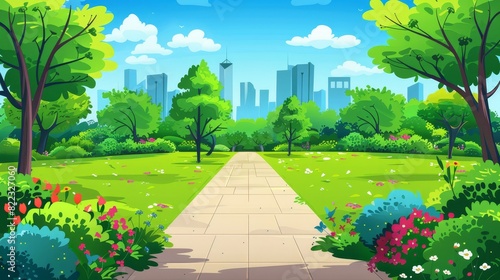Park with pedestrian roads in summer with green lawns  bushes and trees on the horizon  a public garden with sidewalks and clouds in the blue sunny skies. Modern cartoon illustration of summer