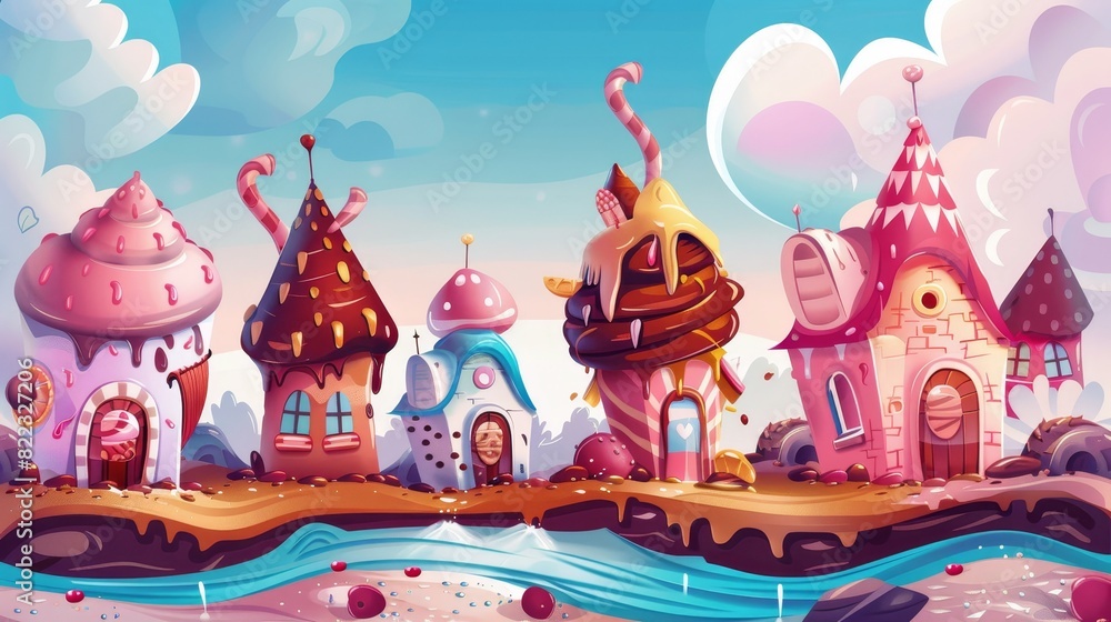 There's a sweet fantasy world with ice cream and cookies houses, chocolate and caramel, chocolate and caramel houses, and a candy land with a cake and cookie house. Cartoon modern illustration