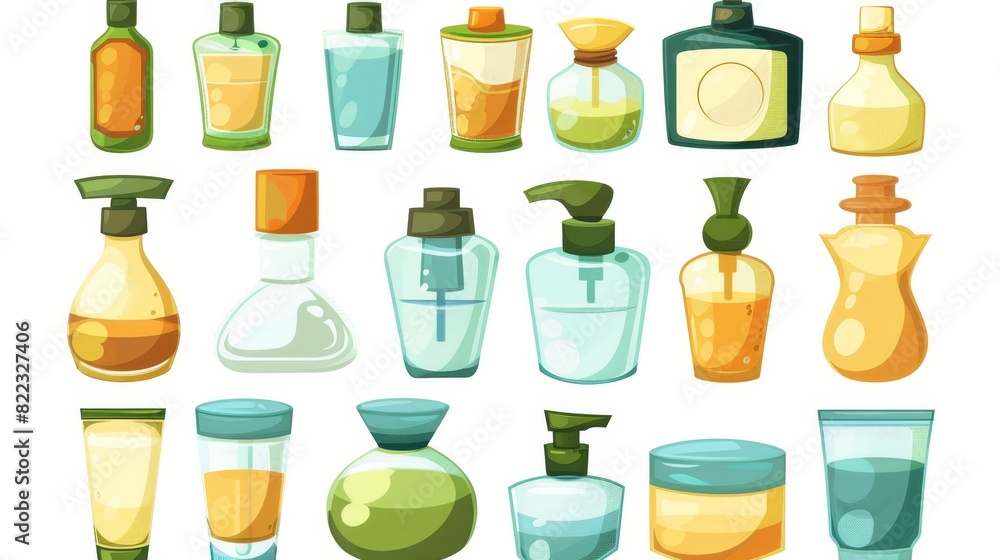 Cartoon illustration set of cosmetics for skin care and cleansing. Set includes cream and shampoo, lotion and moisturizer. The set can be used in daily health care and beauty hygiene routines. Cartoon illustration set of cosmetics for skin care and cleansing. Set includes cream and shampoo, lotion and moisturizer. The set can be used in daily health care and beauty hygiene routines.