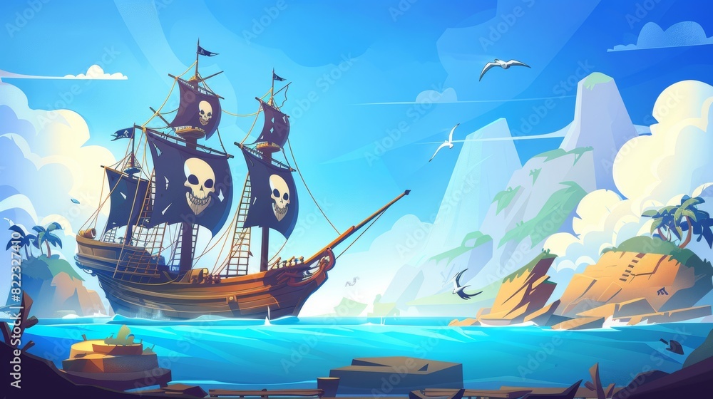 Illustration of pirate sail ships in a sea background. Old corsairs and a black flag with skull in the ocean. Caribbean adventure on a deck of buccaneer frigates. Battleship with skeleton design. Illustration of pirate sail ships in a sea background. Old corsairs and a black flag with skull in the ocean. Caribbean adventure on a deck of buccaneer frigates. Battleship with skeleton design.