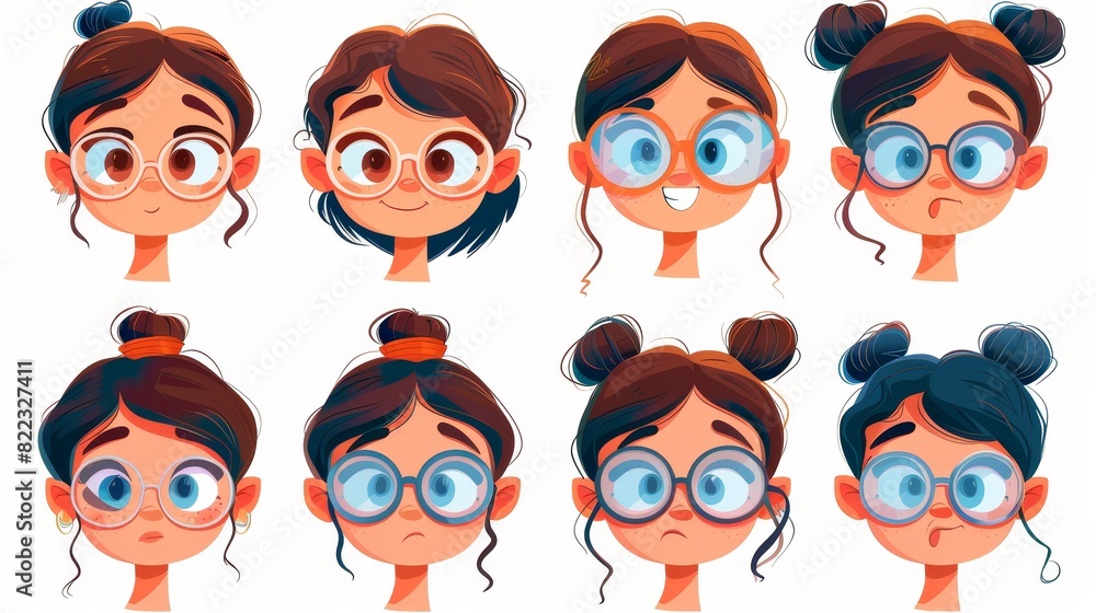 Modern cartoon illustration with female character avatar design elements, coloring hairstyles, ears, eyes, brows, mouth, nose, eyeglasses. Modern cartoon illustration with female character avatar design elements, coloring hairstyles, ears, eyes, brows, mouth, nose, eyeglasses.