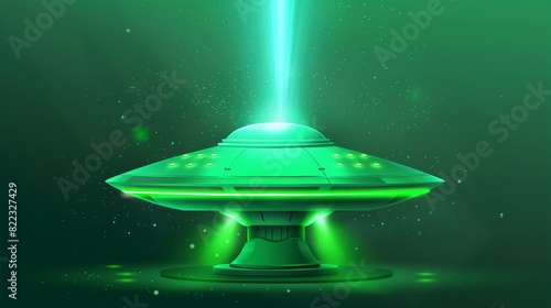 A green UFO spaceship with a 3D beam effect modern, with space alien saucer technology and fantasy ray glow for the energy glitter portal podium, and a magic hologram with neon spotlight for the
