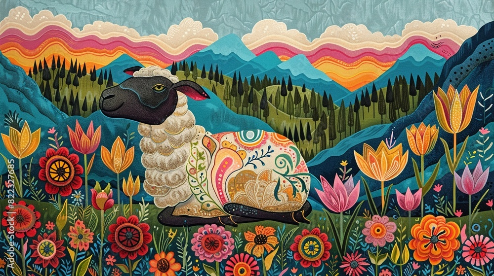 Naklejka premium Sheep in Madhubani Bharni style, surrounded by colorful tulips in a mountain field, graceful and relaxed, clear sky