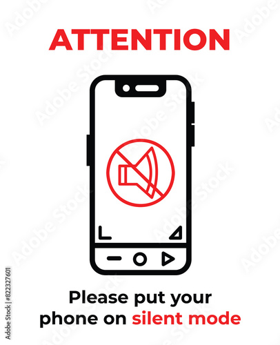 Please put your phone on silent mode with audio mute sign banner illustration isolated on vertical white background. Simple flat cartoon styled drawing for poster prints or social media graphic design