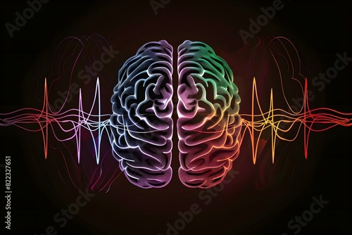 Colorful Brain with Sound Waves on Black Background