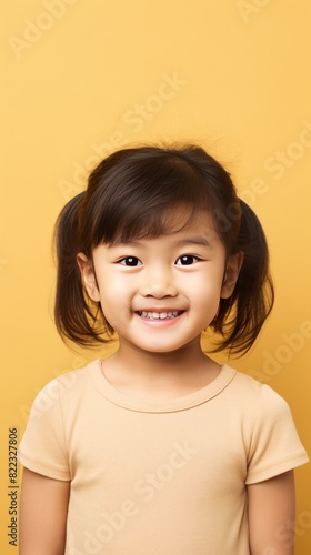 Tan background Happy Asian child Portrait of young beautiful Smiling child good mood Isolated on backdrop ethnic diversity equality acceptance  © Zickert