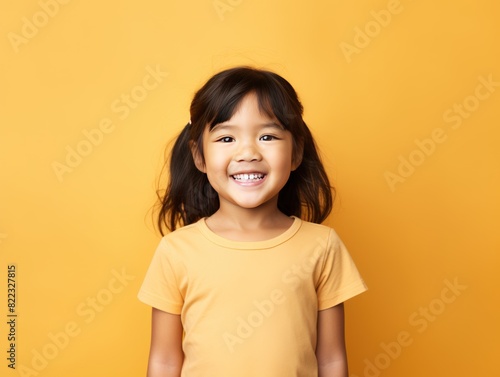 Tan background Happy Asian child Portrait of young beautiful Smiling child good mood Isolated on backdrop ethnic diversity equality acceptance 