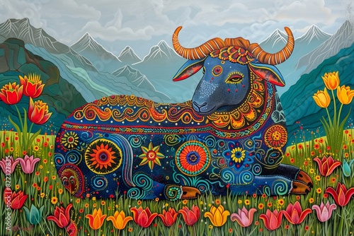 Traditional Madhubani sheep, Bharni style, among tulips in mountain field, graceful and relaxed, clear sky #822327835