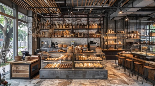 A bustling bakery cafe with an industrial-chic interior, showcasing freshly baked pastries and artisanal breads in a stylish setting. --ar 16:9 --style raw Job ID: 54bf56aa-144f-47eb-bcef-09c0b7bd42af photo